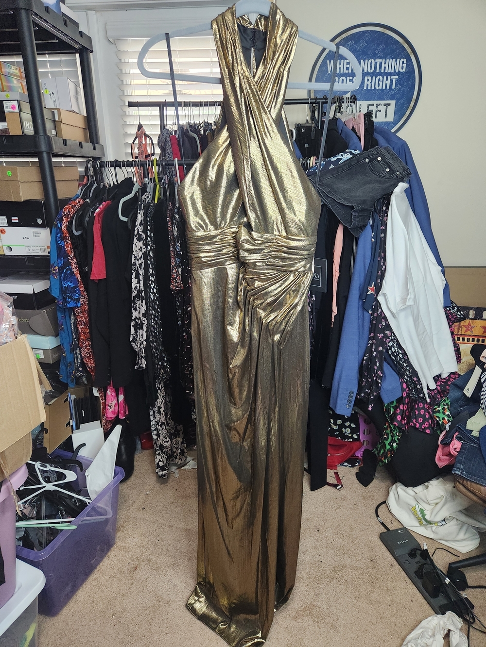 Elegant Halter Metallic Gold Evening Gown